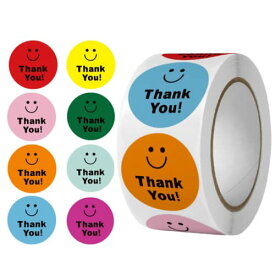 [マラソン期間中ポイント5倍]サムコス 感謝シール 丸型 カラー Thank You ありがとうシール Smile笑顔の表情Happy可愛いシール 感謝/ギフト/ラッピング 500枚入り 一枚25（赤、黄、ピンク、緑、オレンジ、水色、青、赤紫)
