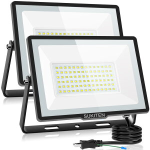 【驚異の明るさ・省電力】SUKITEN 投光器 led 屋外 作業灯 100W 2個セット 15000ルーメン 100V 極薄型 IP66防水 6500K 昼光色 高輝度 高放熱 120°広角 投光器ledライト 夜間作業 工事現場 工事用ライト 駐