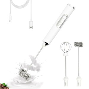 ミルクフォーマー 電動ダブル泡立て器 ミルク泡立て器 ハンドヘルド ホワイト USB充電式ドリンクミキサー 3速調整可能 電動泡立て器 フォームメーカー 取り外し可能 コーヒー、ラテ、抹茶