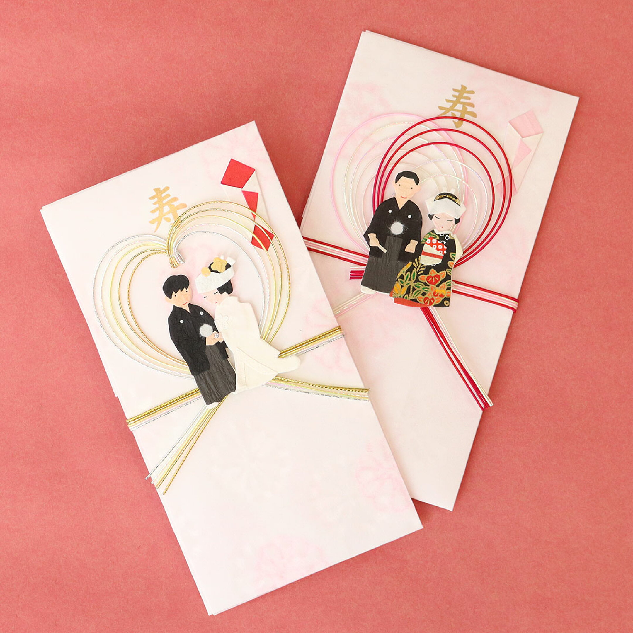 新郎新婦モチーフの和紙の切り絵と水引を組み合わせたのし袋です。 和紙の温かさが感じられるのし袋はお祝いの気持ちを伝えるのにピッタリ。