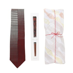 ギフト セット 男前紳士への贈り物 箸 西陣織 ネクタイ ハンカチラッピング 全2種 ブルー レッド 選べる メッセージカード付き 食洗機対応 若狭塗 天然木 螺鈿 Wabi-Sabi 本漆 暁光 貝ちらし 和