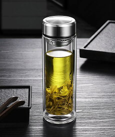 ガラス製 二重構造 ティーボトル 1000ml 耐熱 茶こし付き ポータブル マグ オフィス用 ギフト