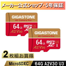 【保証5年】Gigastone マイクロSDカード 64GB 2枚セット SDXC microSD microsdカード メモリーカードA2 V30 Ultra HD 4K 超高速95MB/s ビデオ録画 一眼レフカメラ デジタルカメラ ドローン スイッチ スマホ Nintendo Switch GoPro確認済