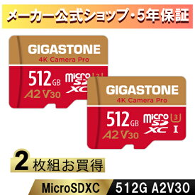 【保証5年】Gigastone マイクロSDカード 512GB 2枚セット SDXC microSD microsdカード メモリーカード A2 V30 U3 クラス10 Ultra HD 4K 超高速100MB/s ビデオ録画 デジカメ 一眼レフカメラ スマホ データ保存 ドローン【GoPro/Nintendo Switch確認済】