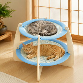 猫 ベッド 夏用 ひんやり 2段 木製 キャットベッド 洗える 涼しい 涼感 リバーシブル オールシーズン 多頭飼い 猫用ベッド 湿気対策 頑丈 爪とぎ 天然草マット フェイクファー 通気性 ペットベッド 室内 60×60×44cm