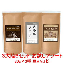 銀河コーヒー コーヒー豆 3大陸Bセット お試しアソート 3種 各80g モカ・イルガチェフ（エチオピア） 大吟醸ブラジル トラジャ（インドネシア セレベス島）コーヒー豆 珈琲 珈琲豆 人気 おすすめ 楽天