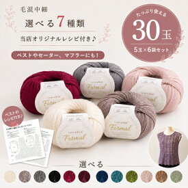 毛糸 中細 福袋 30玉 選べる6色 フォーマル 5玉×6袋 ウール混 4PLY ベストレシピ付き 編み物 セーター マフラー 秋冬