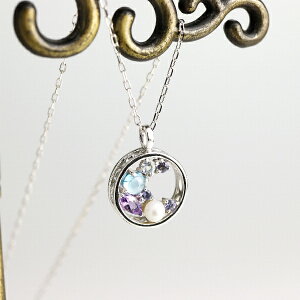 天然石 パール サークル ホワイトゴールド ネックレス ブルー トパーズ アメジスト アイオライト ムーンストーン 淡水パール K10 10金 10k ゴールド 透かし 円形 華やか アクセサリー ペンダン