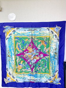 【卸価格!!】Hermes/エルメス Carre90/カレ90 TROPIQUES/トロピック シルクスカーフ ブルー ヴィンテージ IT025