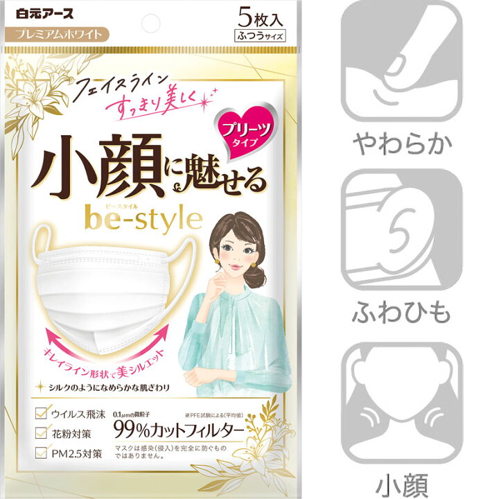 楽天市場 Be Style ビースタイル 小顔に魅せる プリーツタイプ ふつうサイズ プレミアムホワイト 5枚入 マスク 白元アース かぜ 花粉 Pm2 5 銀座カレン