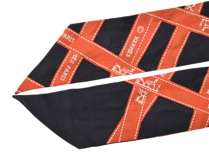 楽天市場】エルメス・HERMES ツイリー リボン柄 黒 オレンジ系 シルク 