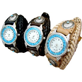 腕時計 革 ハンドメイド 手縫い 手編み レザーウォッチ クォーツ リアルストーン SILVER925 コンチョ ブレスレット 日本製 ホワイトデー