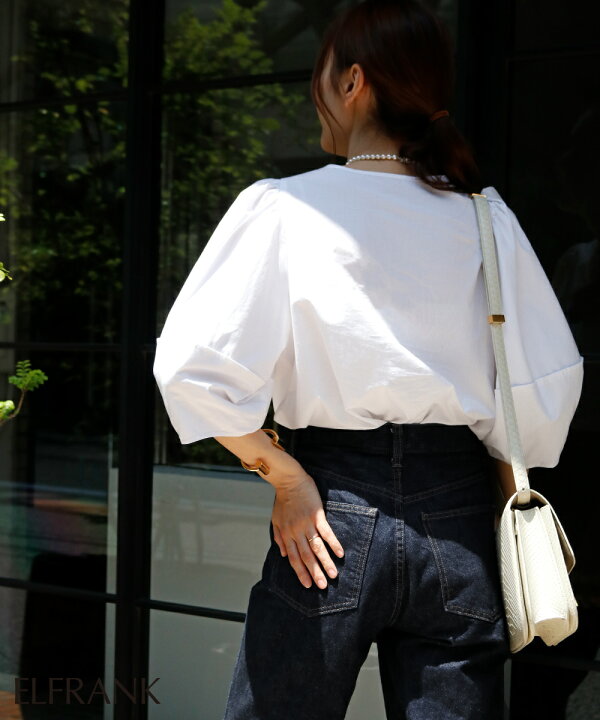 楽天市場 6990円 21日13時までクーポン利用で ブラウス オフィス レディース 半袖 おしゃれ カジュアル 夏 トップス カットソー シャツ ブラック 黒 女性用 ファッション 可愛い かわいい 無地 大人 ボリュームスリーブ 袖コンシャス バルーン袖 パフスリーブ 綿100