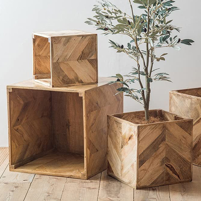 Mサイズ □白 ウッド 木 木材 Wood 植木鉢 鉢 ポット 大型鉢カバー - 花瓶