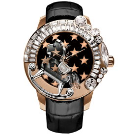 スワロフスキーのキラキラ腕時計 Galtiscopio(ガルティスコピオ) STAR 星2　ローズゴールド ブラック レザーベルト
