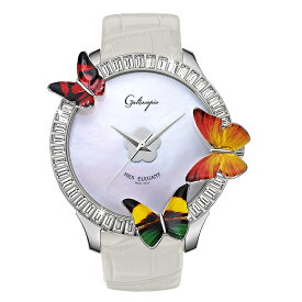 蝶とスワロフスキーの腕時計 Galtiscopio(ガルティスコピオ) MES ELEGANT 蝶6　ホワイト レザーベルト