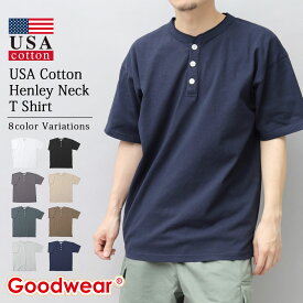 【送料無料】Goodwear グッドウェア Tシャツ 半袖 ヘンリーネック USAコットン レギュラーシルエット シンプル ボタン付き 白T 白トップス 丸首 ボックスシルエット 肉厚素材 厚め生地 ゆったり ドロップショルダー