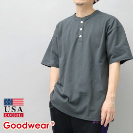 【送料無料】Goodwear グッドウェア Tシャツ 半袖 ヘンリーネック USAコットン レギュラーシルエット シンプル ボタン付き 白T 白トップス 丸首 ボックスシルエット 肉厚素材 厚め生地 ゆったり ドロップショルダー