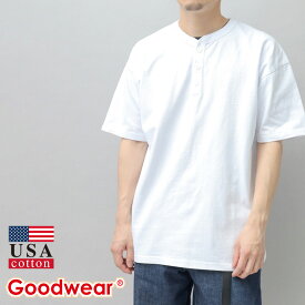 【送料無料】Goodwear グッドウェア Tシャツ 半袖 ヘンリーネック USAコットン レギュラーシルエット シンプル ボタン付き 白T 白トップス 丸首 ボックスシルエット 肉厚素材 厚め生地 ゆったり ドロップショルダー