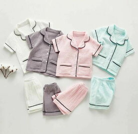 パジャマ　キッズ　ガーゼ　コットン　半袖　無地　子供　女の子　男の子　ルームウェア　上下セット　ナチュラル　綿　ホームウェア　おしゃれ　子供服　2点セット　セットアップ　インナー　可愛い　部屋着　夏　サマー