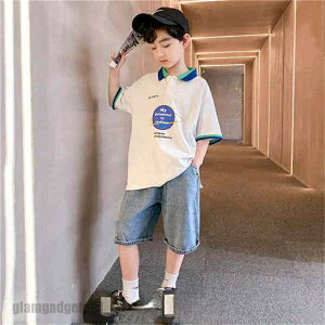 ジャージ 子供服 セットアップ キッズ 男の子 2点セット 半袖 シャツ+5分ズボン カジュアル パンツセット 春夏着 上下セット デニムパンツ 可愛い おしゃれ 小学生 通学着 安い 100 110 120 新生