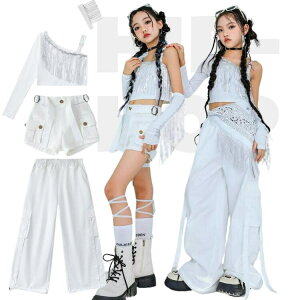 キッズダンス衣装 白 ステージ衣装 ジャズダンス ダンス衣装 フリンジ キラキラ アームカバー トップス パンツ ホワイト ショーツ 女の子 風 ダンスウェア チアガール ガールズ 上下 応援団