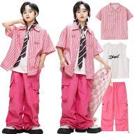 ストリート 半袖 ストライプ柄 ピンク シャツ パンツ キッズダンス 衣装 女の子 男の子 ダンス発表会 ダ…