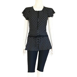再入荷 フィットネス水着 大きいサイズ フィットネス 水着 レディース 体型カバー 上下2点セット セパレート ロング丈 チュニック丈 フリル袖 半袖 袖付き スパッツ 水中ウォーキング ドッ