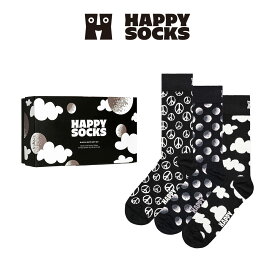 【3足セット】Happy Socks ハッピーソックス Black & White ( ブラック アンド ホワイト ) 3-Pack Gift Set GIFT BOX 3足組 クルー丈 ソックス 靴下 ユニセックス メンズ ＆ レディース プレゼント 無料ラッピング ギフト 10240038