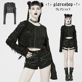 glareshop グレアショップ「S/L/2XL」TXA097-B■ゴスロリ パンク 退廃風 ダメージ加工 異素材切り替え シースルー 長袖 Tシャツ 黒 レディース | ゴスロリ ゴシック ロック ファッション スチームパンク ヴィジュアル系 V系 モード系 コスプレ ステージ 衣装 服 [PUNK RAVE]