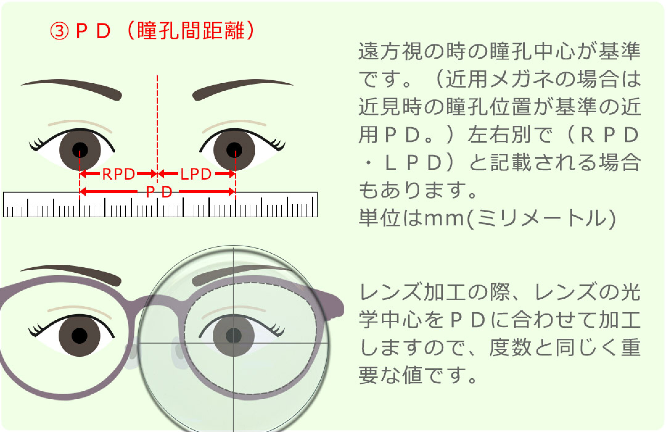 左右の瞳孔中心間の距離です。左右別にRPD・LPDのように記載される場合もあります。通常は遠方視の際の目線を基準にしますが、近用メガネの際は近見時の目線を基準にPDを図ります。PDはレンズ加工の際、光学中心を決めるための重要な値になります。
