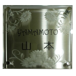 ガラス表札 ステンレス裏板付き ナチュラル 20cm 正方形サイズ 取付ねじ同梱 サンドブラスト エッチング 新築祝い プレゼント ガーデニング表札 アート表札 彫刻文字 エッチングガラス カス