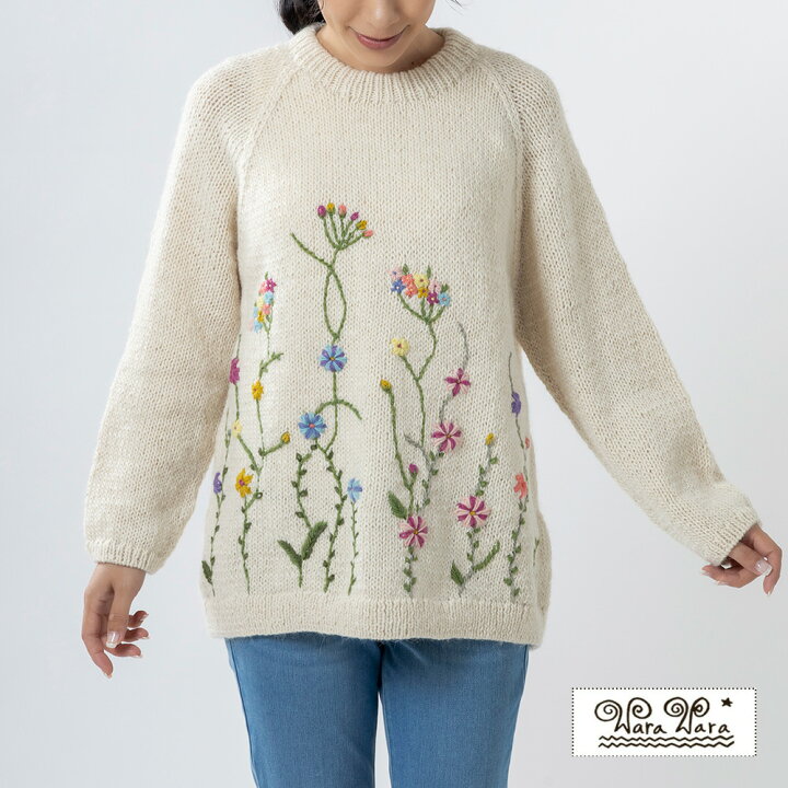 楽天市場】ペルー製 アルパカ 花柄手刺繍クルーネックセーター 手編み  