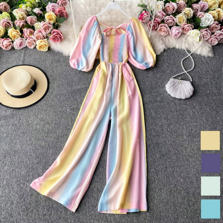 楽天市場 オールインワン パステルカラー グラデーション シャーリング 背中 リボン バルーン 七分袖 ワイド ロングパンツ コンビネゾン サロペット ロンパース つなぎ イエロー 黄色 ピンク ラベンダー 紫 ブルー 水色 グリーン 緑 レディース きれいめ