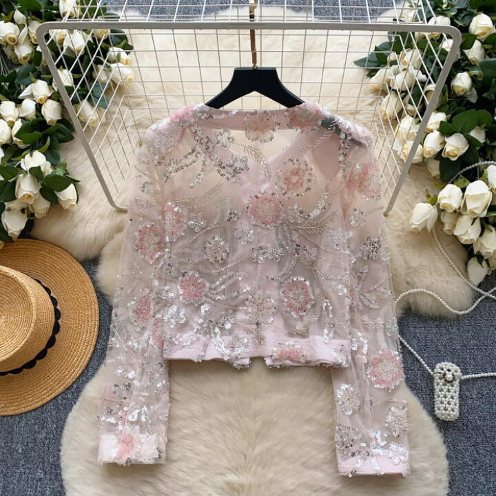 楽天市場】長袖 トップス チュール 花 スパンコール ビーズ ショート丈 
