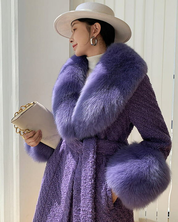 フォックスファーコート ボリューム フォックス レディース コート ピンク 袖 紫 女優 ファー 裾 パープル アウター ロングコート ベルト