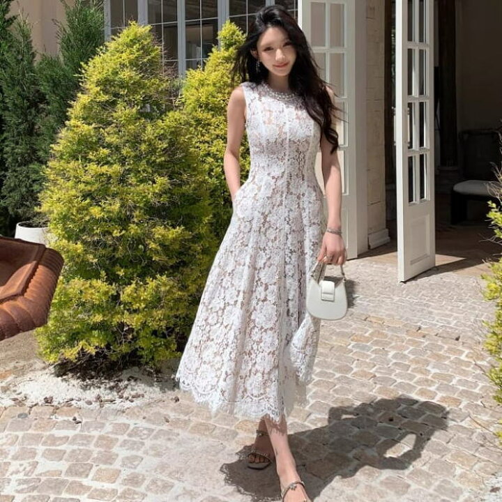 韓国 服 レディース ワンピース 白 ドット柄 ノースリーブ ロング 