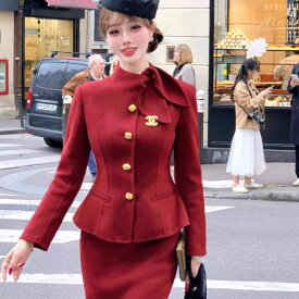 セットアップ レディース スタンドカラー リボン 金ボタン ウール 長袖 ジャケット ハイウエスト タイト ロング スカート スーツ レッド 赤 上品 きれいめ 可愛い 服 韓国 春 秋 冬 エレガント フェミニン おしゃれ かわいい オフィス 結婚式 お呼ばれ 二次会