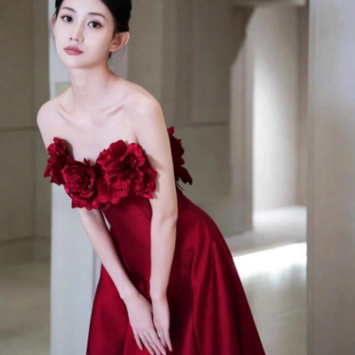 楽天市場】ANGEL 新作 ベアトップ サテン フラワー 背中編上げ  