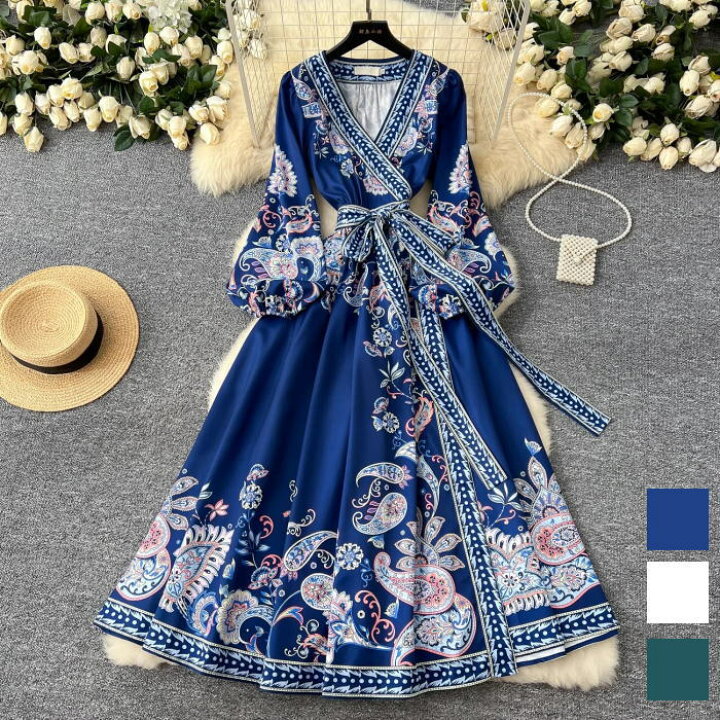 楽天市場】ワンピース ペイズリー柄 Vネック カシュクール リボン 長袖 