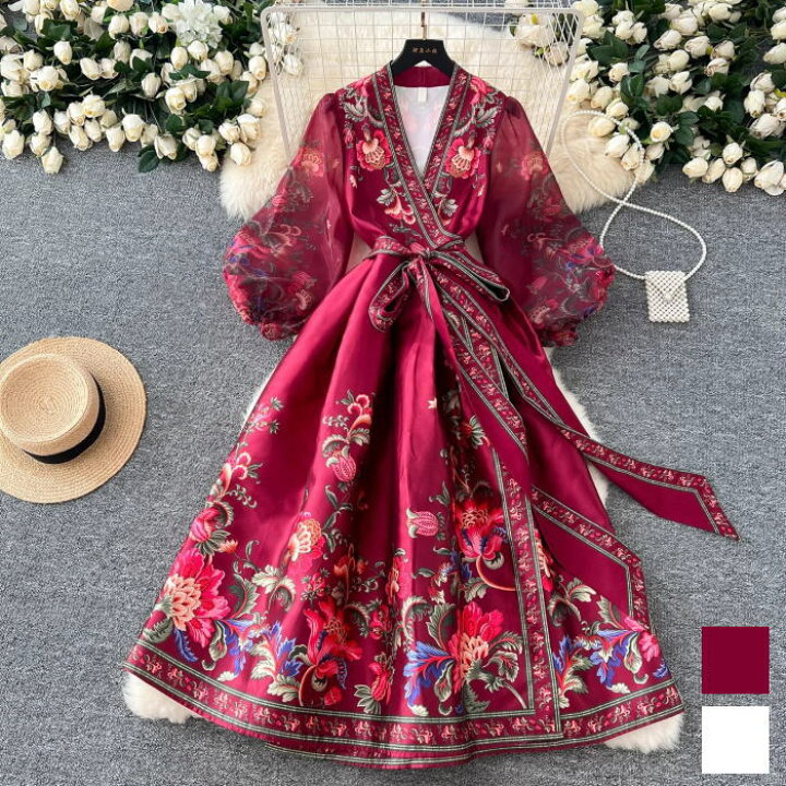楽天市場】ワンピース 花柄 Vネック カシュクール リボン 長袖 Aライン 