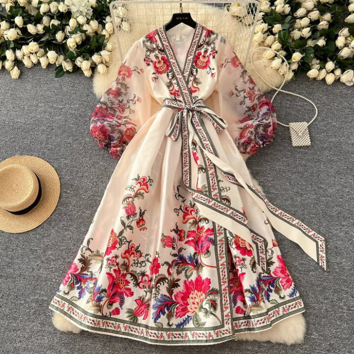 楽天市場】ワンピース 花柄 Vネック カシュクール リボン 長袖 Aライン 