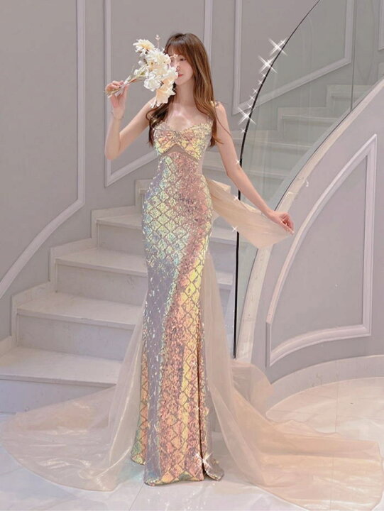 総シルクビーズとスパンコール刺繍の膝下ドレスゴールド系 （L.B CANDY  