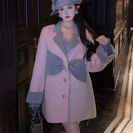 コート テーラードカラー リボン ビジュー バイカラー ウール ダブルフェイス 長袖 Aライン コート アウター ピンク グレー 灰色 お嬢様 上品 オシャレ きれいめ 着痩せ 小顔 おしゃれ カジュアル レディース フォーマル 体型カバー エレガント フェミニン 大人