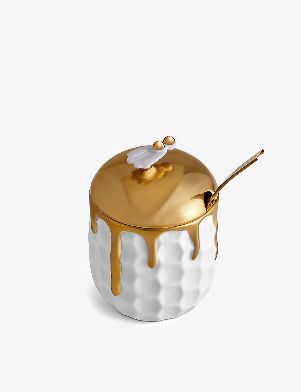 L'OBJET ビーハイブ 器24カラット金メッキ スプーン付きハニーポット 13cm Beehive porcelain and 24ct gold-plated honeypot with spoon 13cm