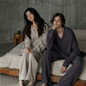 ＼店内全品15％OFF/ ダブルガーゼ パジャマ メンズ レディース ルームウェア 前開き 上下セット 長袖 カップル プレゼント ペアパジャマ リネンパジャマ vネック パンツ 寝間着 春 秋 寝巻き 部屋着 ナチュラル シンプル 無地 コットン100% 綿100% セット 無印