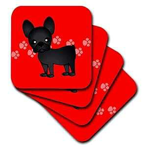 3dRose CST_25318_1 킢ubN uh t` uhbO bh Օt - \tg R[X^[A4 Zbg 3dRose CST_25318_1 Cute Black Brindle French Bulldog Red with Pawprints-Soft Coasters, Set of 4
