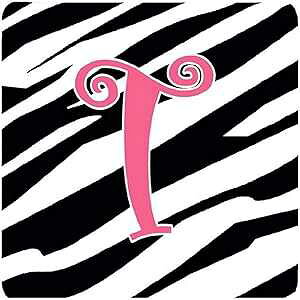 Caroline's Treasures Monogram-Zebra Stripe and Pink Foam Coasters (Set of 4), Initial Letter T, 3.5" H x 3.5" W, Multicolor