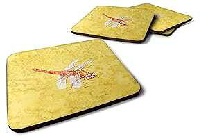 Caroline's Treasures 8866FC Dragonfly on Yellow Foam Coaster Set of 4 Set of 4 Cup Coasters for Indoor Outdoor, Tabletop Protection, , Mouse pad Material