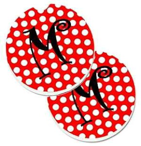 Caroline's Treasures CJ1012-MCARC Letter M Initial - Red Black Polka Dots Set of 2 Cup Holder Car Coasters Absorbent Sandstone Coasters for Car Cup Holders Gifts for Men or Women, Large, Multicolor